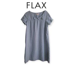 Flax 100% Linen Short Sleeve A-Line Dress in Colonial Blue size S EUC